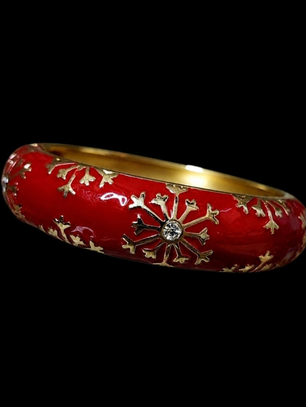 Snowflake Red Enameled Clear Rhinestone Gold Tone Clamper Bangle Bracelet EUC